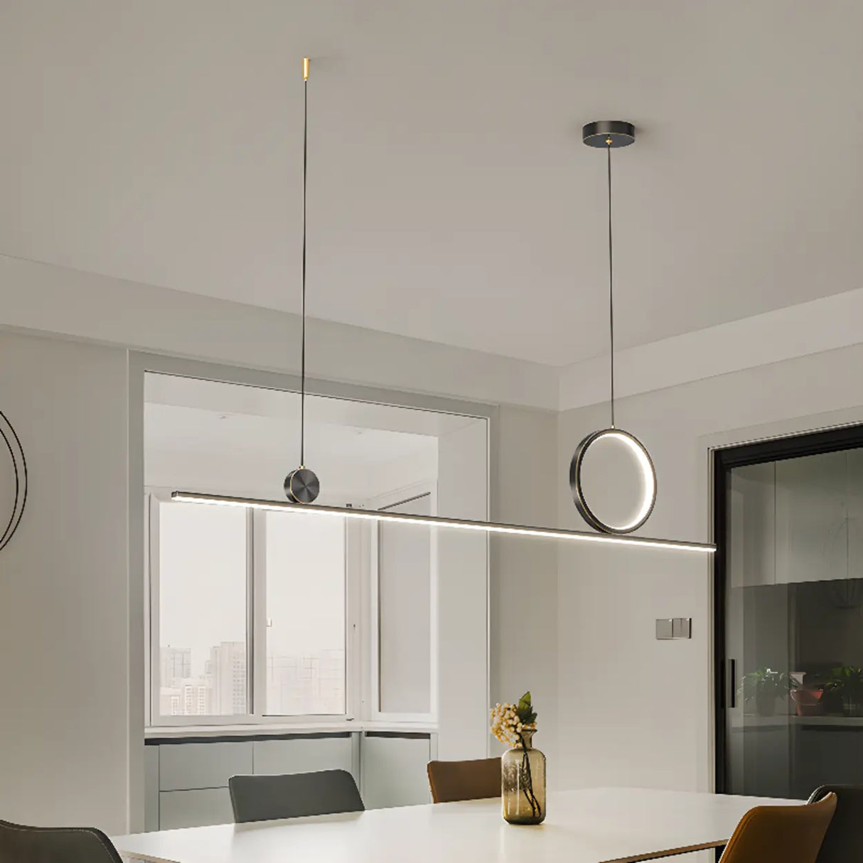 Artistic Black Linear and Ring Pendant Light Set Image - 8