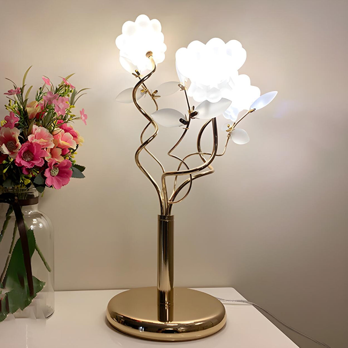 Artistic Branch Base Frosted Flower Shade Table Lamp Image - 2