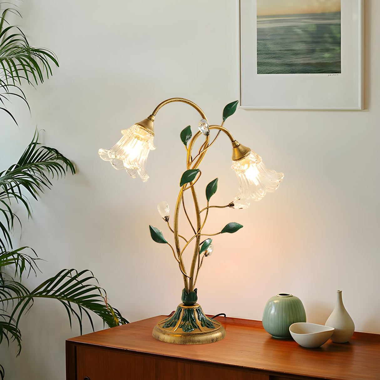 Artistic Double Glass Shade Flower-Shaped Table Lamp Image - 2