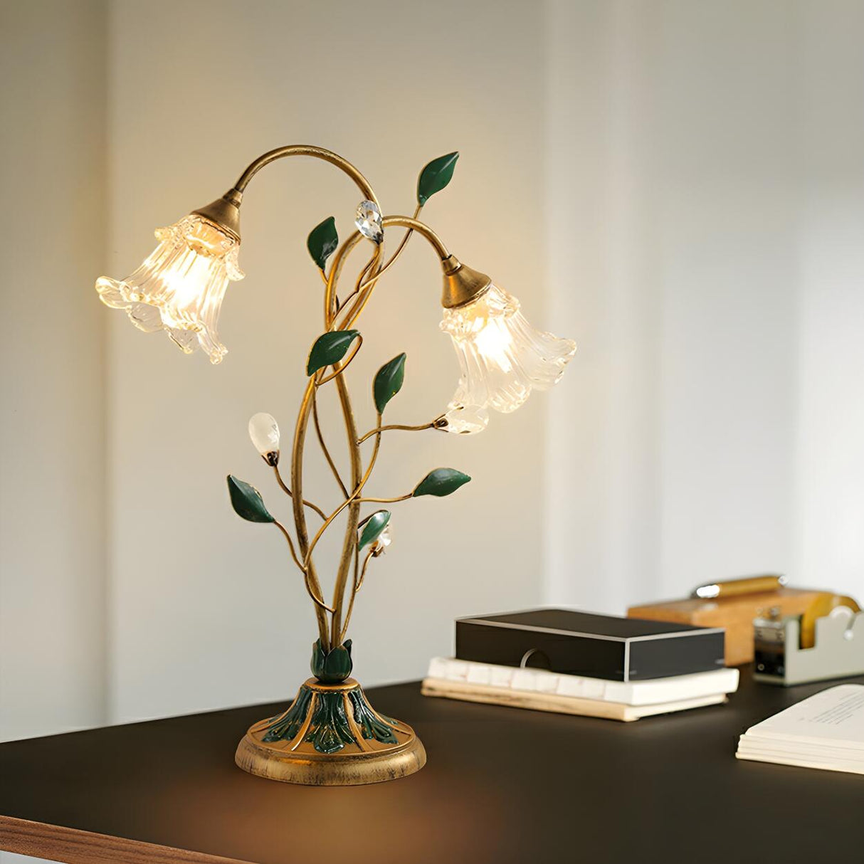 Artistic Double Glass Shade Flower-Shaped Table Lamp Image - 4