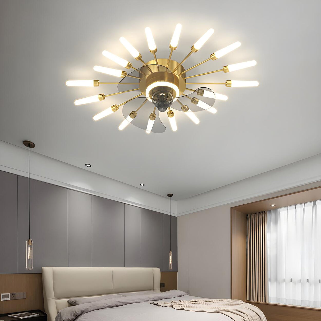 Artistic Elegant Sunburst Flush Ceiling Fan with Light Image - 14
