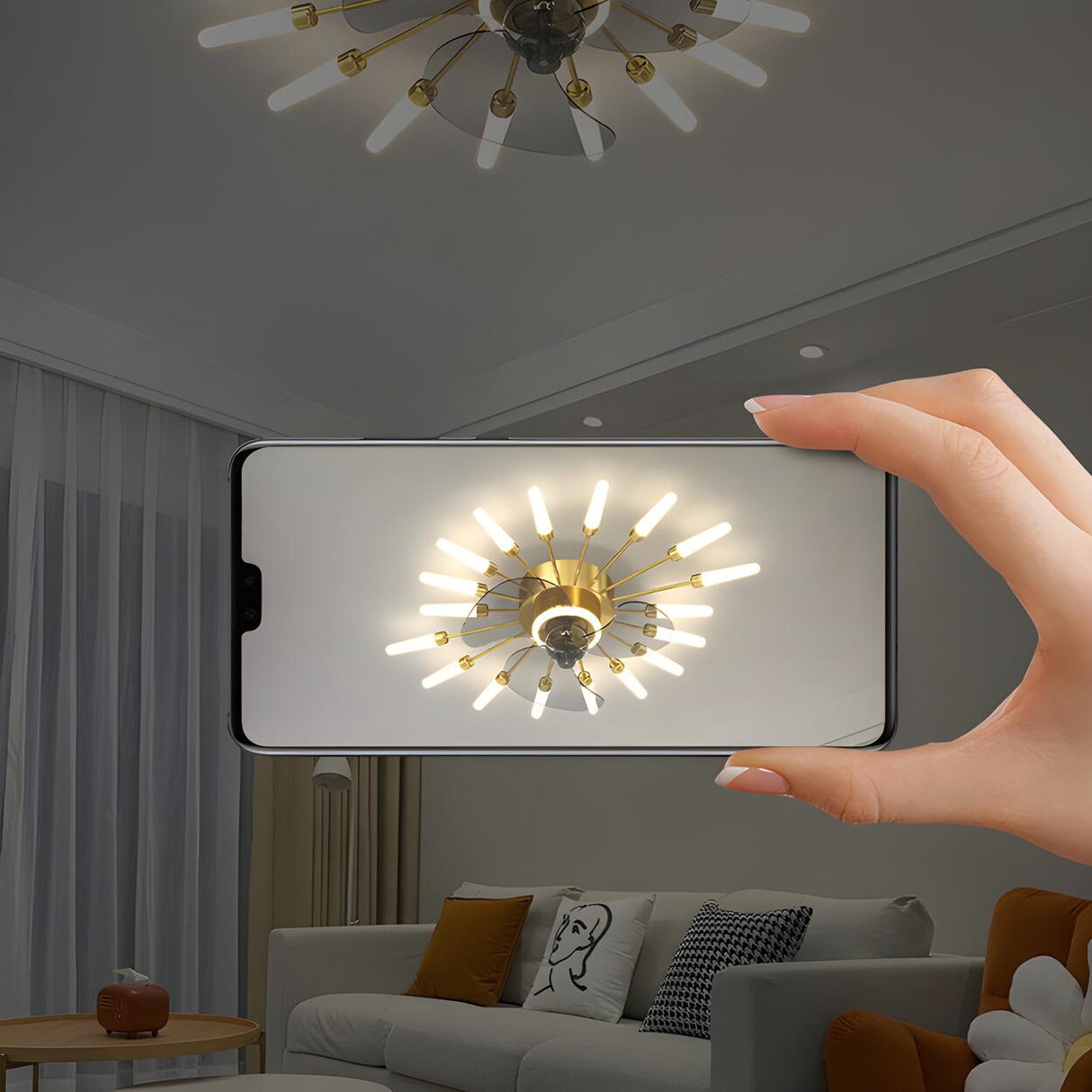 Artistic Elegant Sunburst Flush Ceiling Fan with Light Image - 15