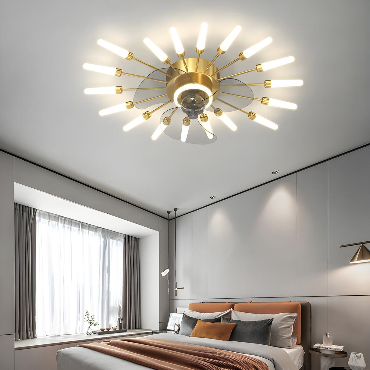 Artistic Elegant Sunburst Flush Ceiling Fan with Light Image - 16
