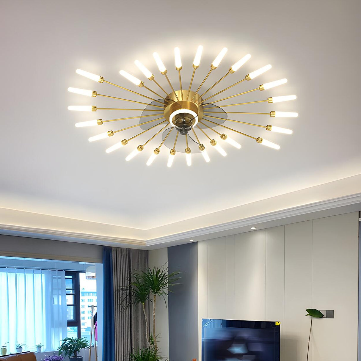 Artistic Elegant Sunburst Flush Ceiling Fan with Light Image - 17