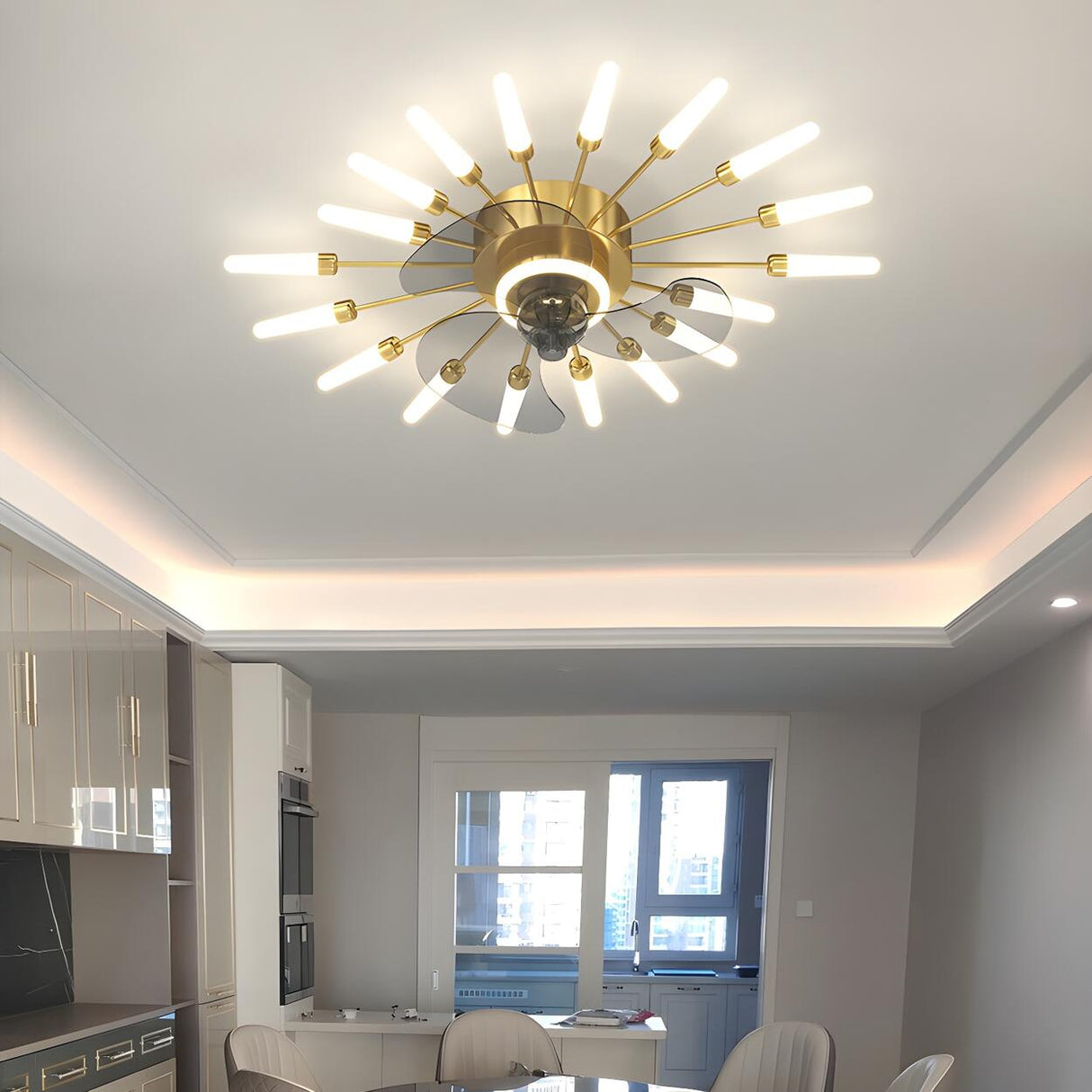 Artistic Elegant Sunburst Flush Ceiling Fan with Light Image - 18