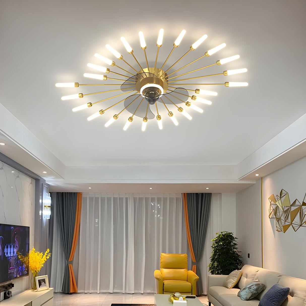 Artistic Elegant Sunburst Flush Ceiling Fan with Light Image - 4