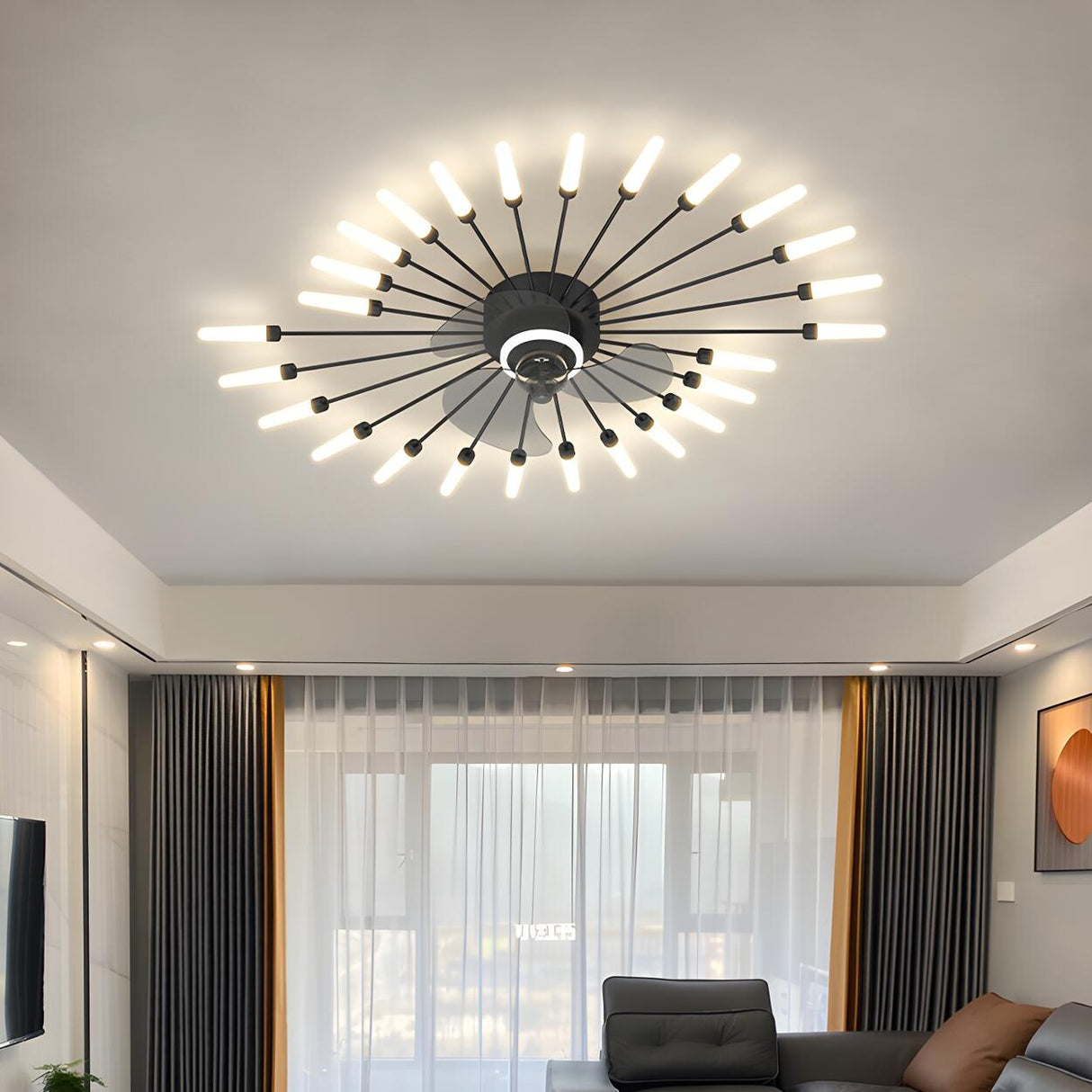 Artistic Elegant Sunburst Flush Ceiling Fan with Light Image - 6