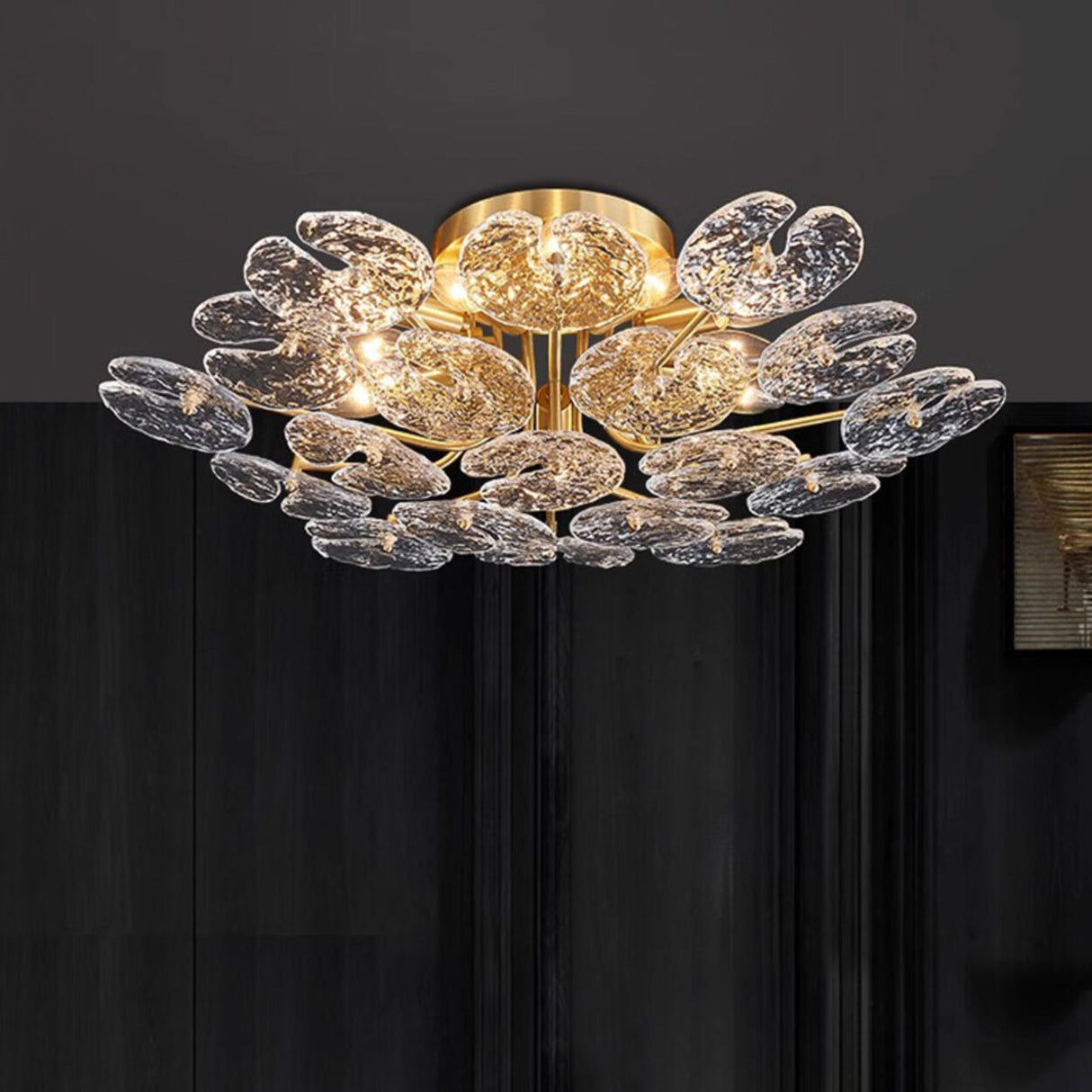 Artistic Floral Brass Crystal Semi-Flush Mount Light Image - 1