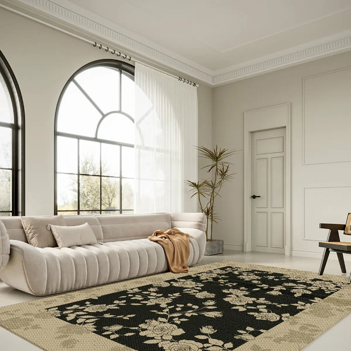 Artistic Floral Leaf Pattern Polyester Black Area Rug Image - 4