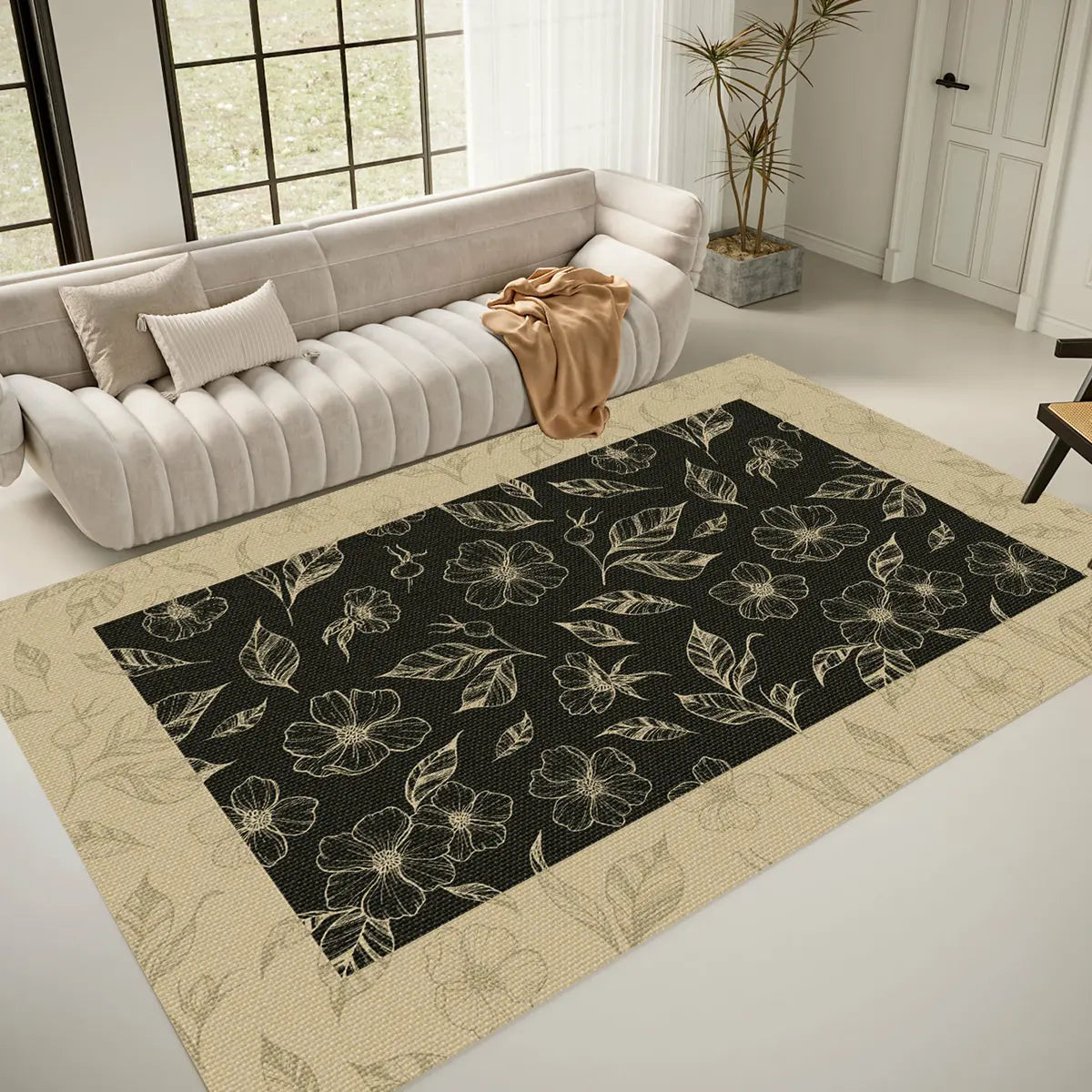 Artistic Floral Leaf Pattern Polyester Black Area Rug Image - 6