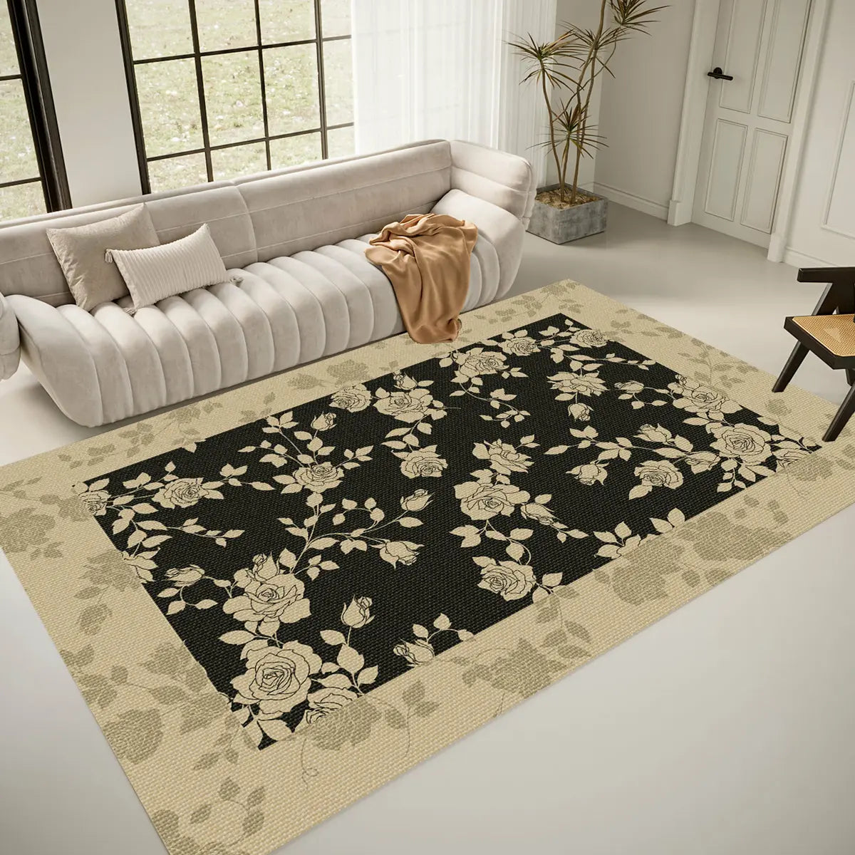 Artistic Floral Leaf Pattern Polyester Black Area Rug Image - 8