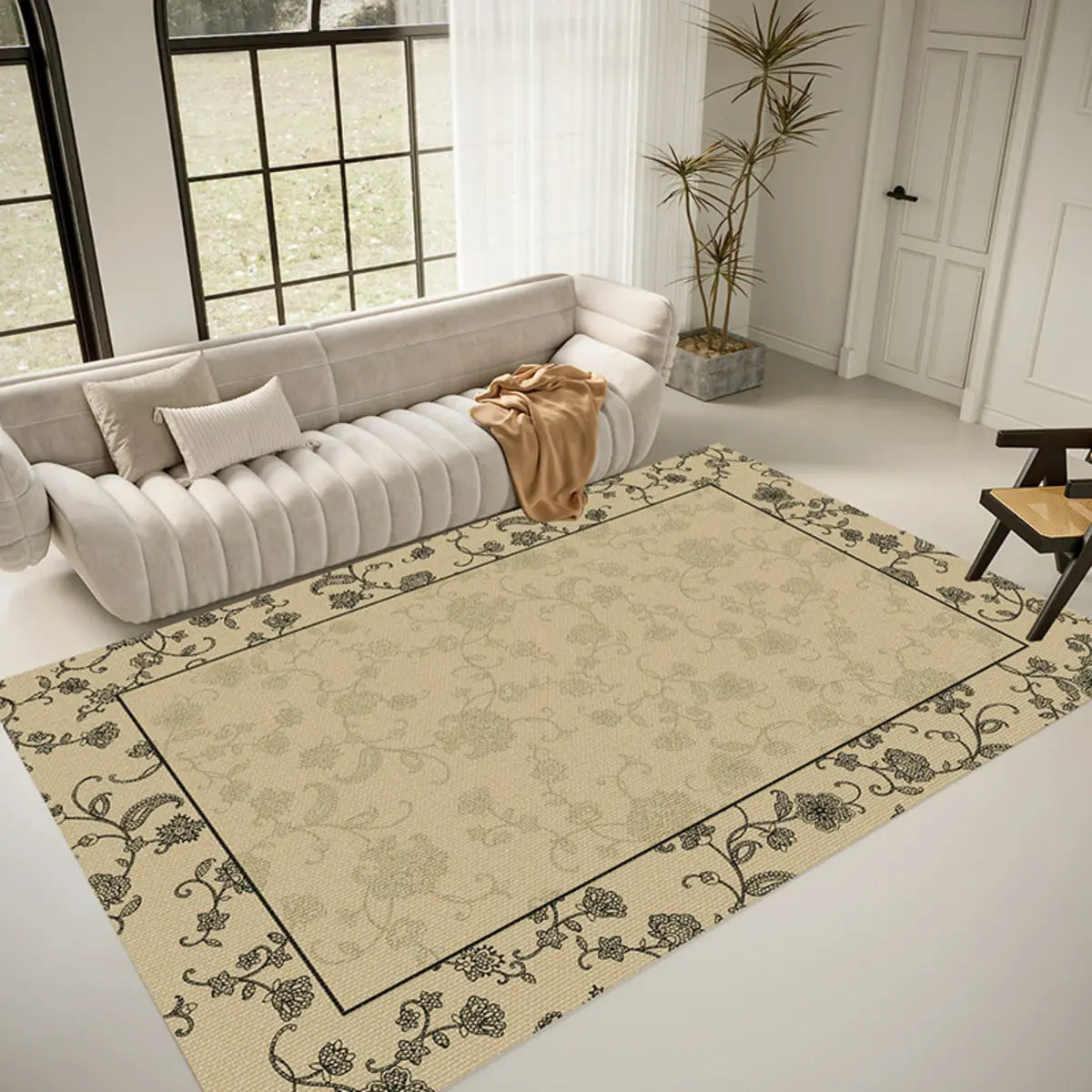 Artistic Floral Leaf Pattern Polyester Black Area Rug Image - 9