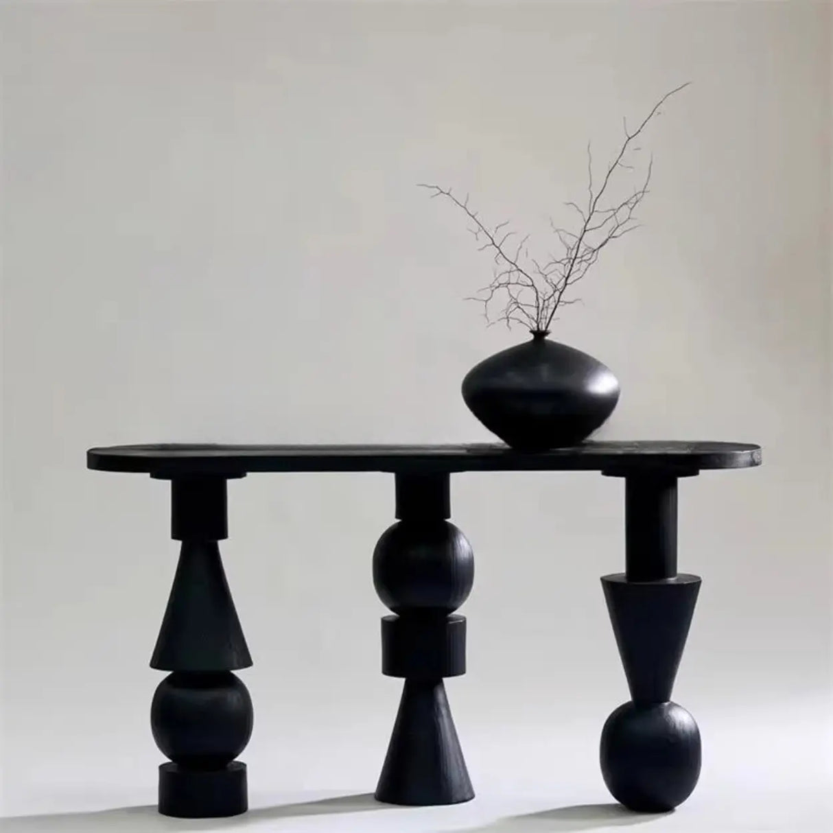 Artistic Geometric Leg Black Wood Entryway Oval Console Table Image - 3