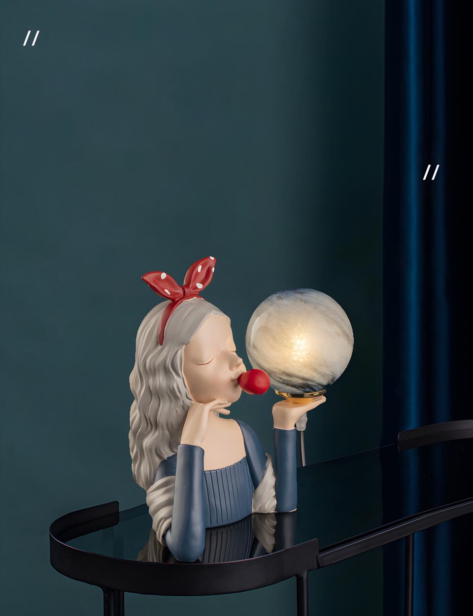 Artistic Girl Statue Spherical Glass Shade Table Lamp Image - 12