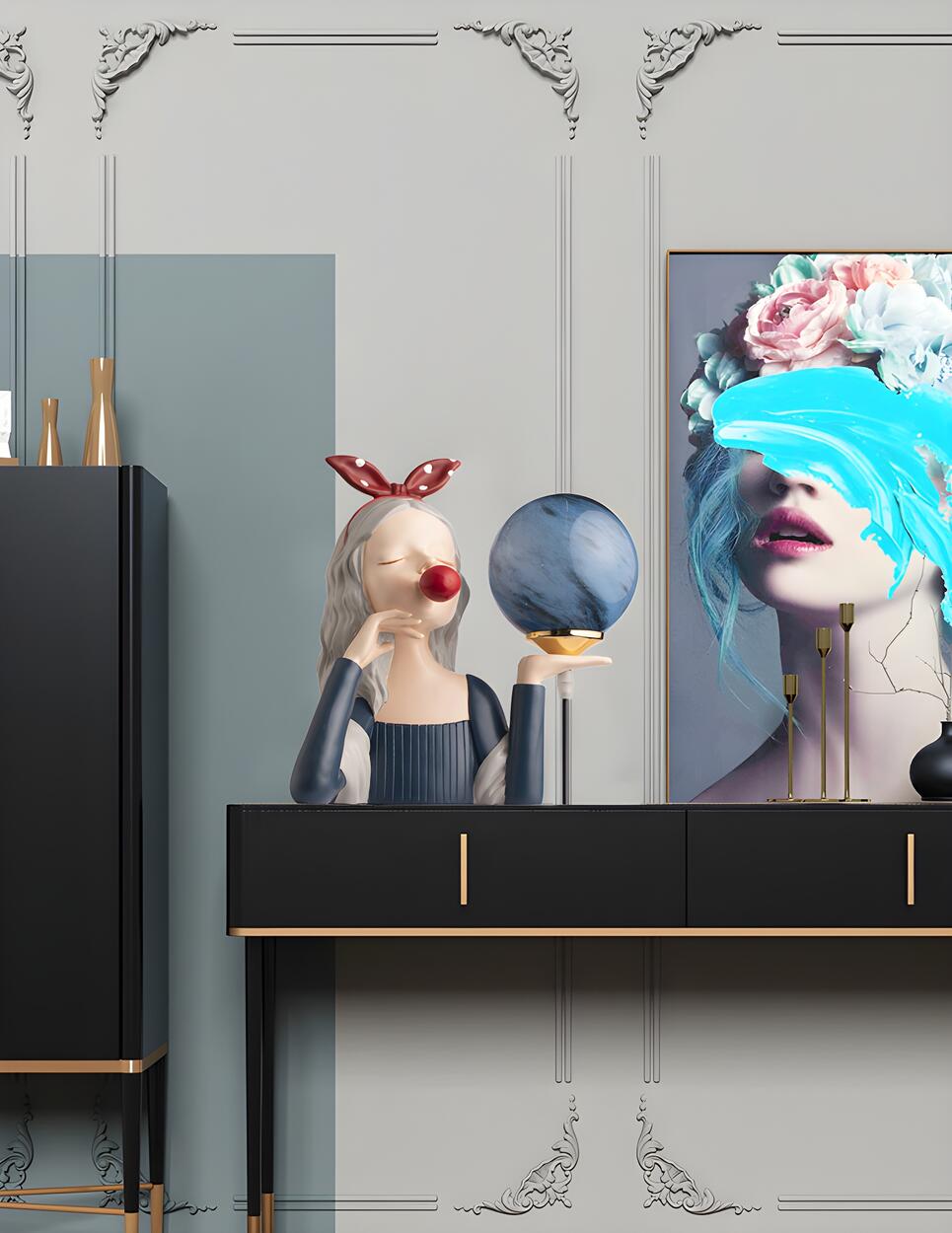 Artistic Girl Statue Spherical Glass Shade Table Lamp Image - 13