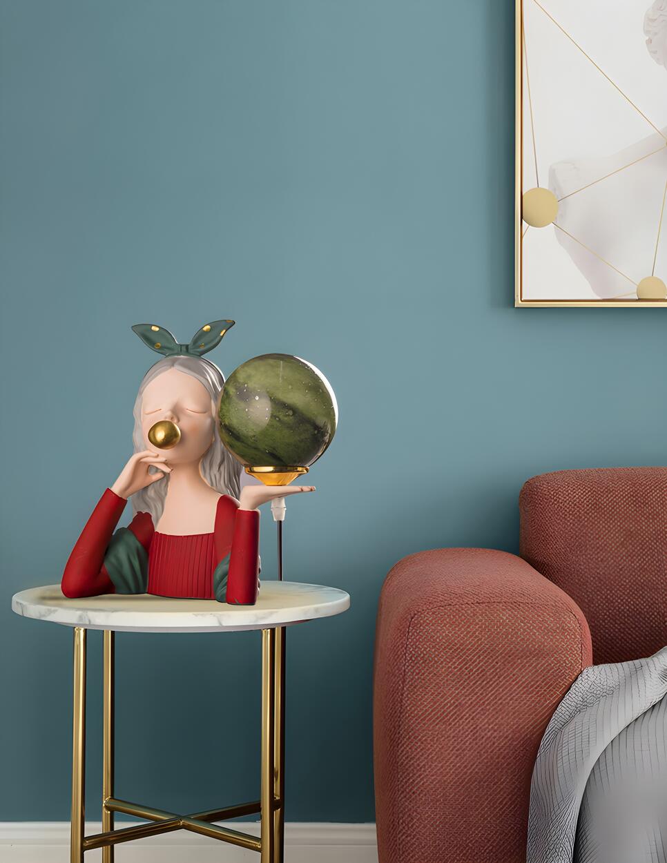 Artistic Girl Statue Spherical Glass Shade Table Lamp Image - 15