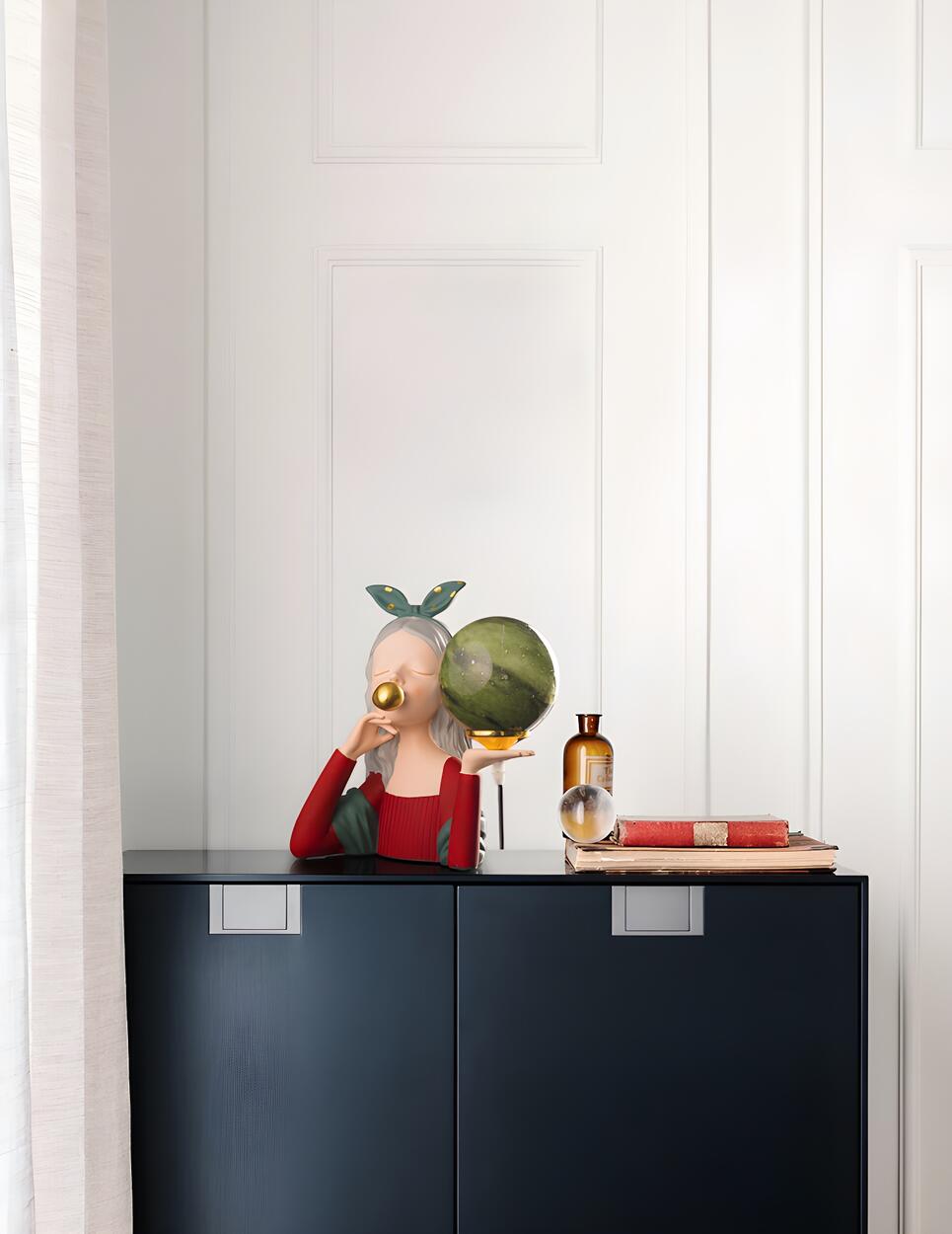 Artistic Girl Statue Spherical Glass Shade Table Lamp Image - 16