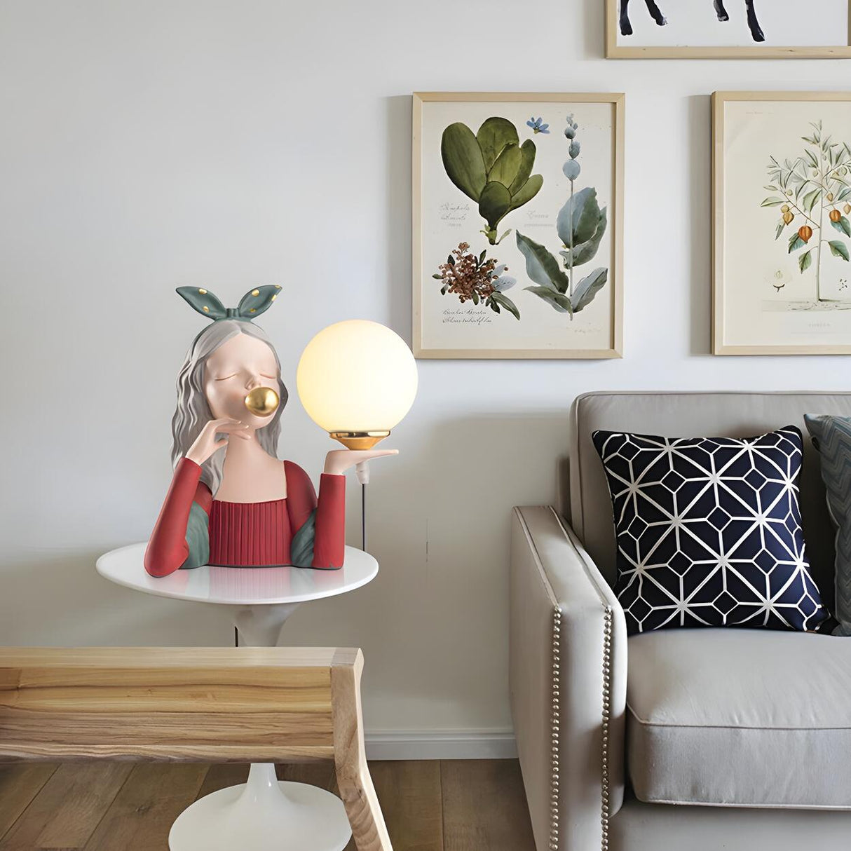 Artistic Girl Statue Spherical Glass Shade Table Lamp Image - 4