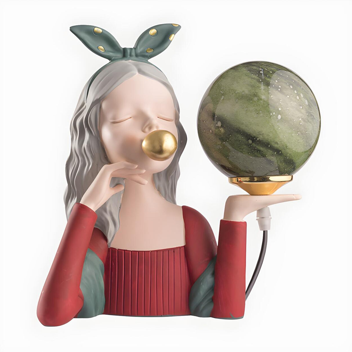 Artistic Girl Statue Spherical Glass Shade Table Lamp Image - 9