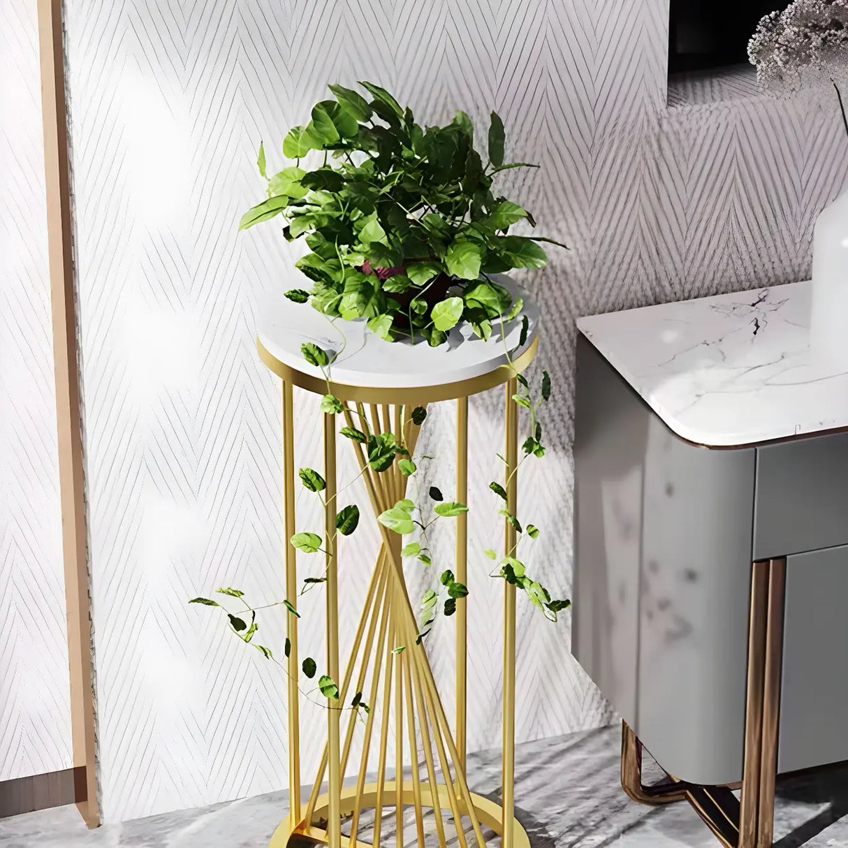 Artistic Gold 1-Tier Round Faux Marble Plant Stand Image - 10
