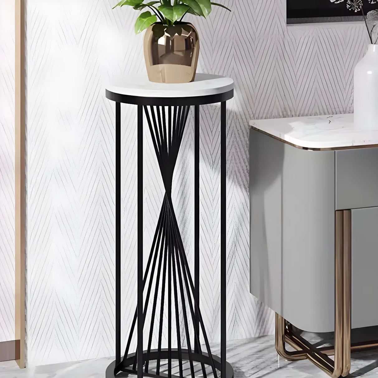 Artistic Gold 1-Tier Round Faux Marble Plant Stand Image - 11