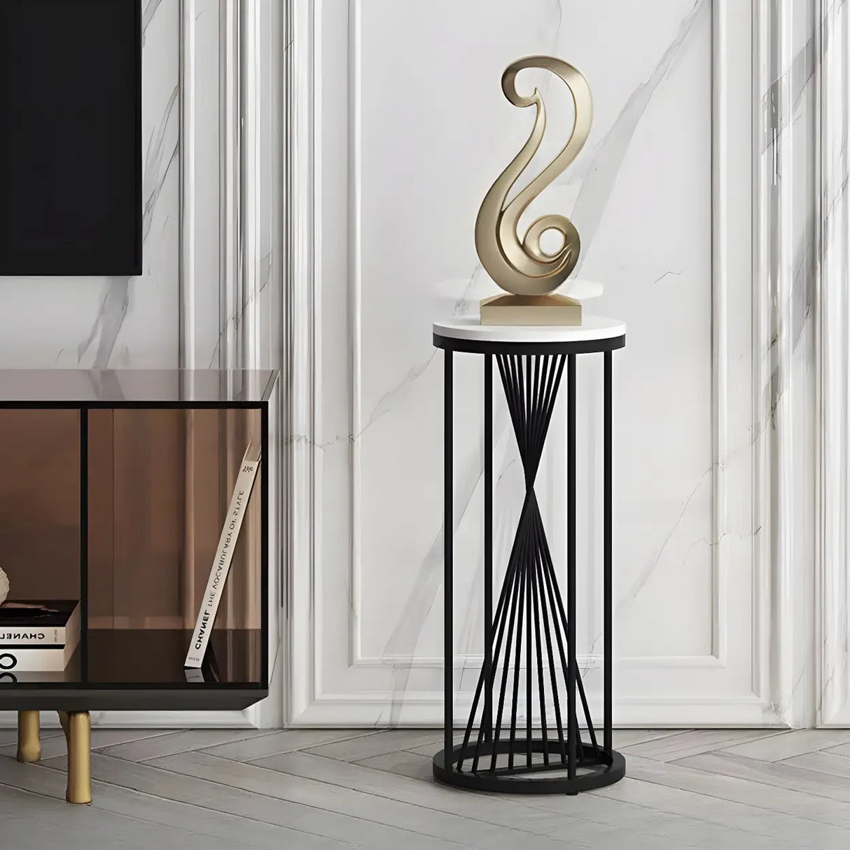 Artistic Gold 1-Tier Round Faux Marble Plant Stand Image - 2