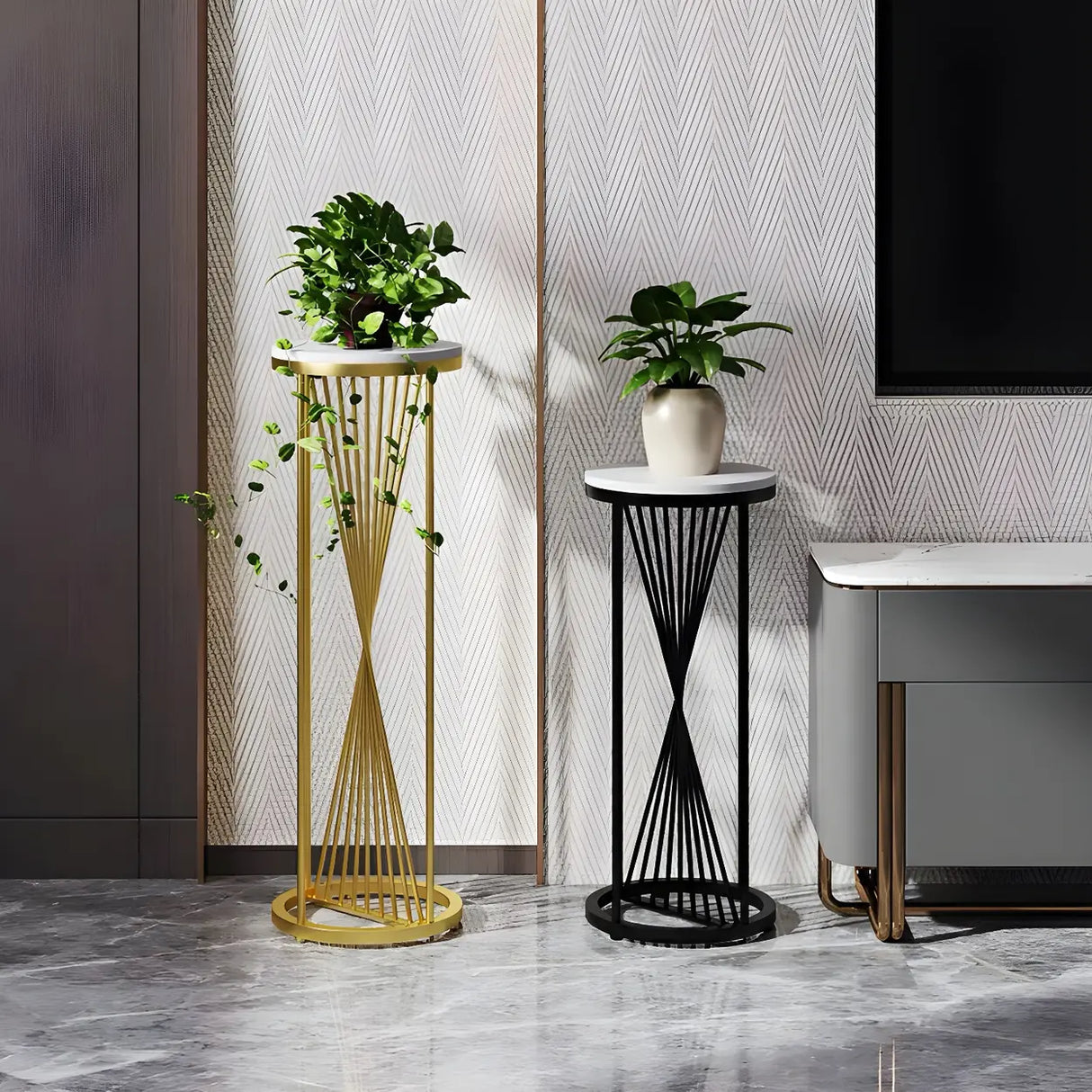 Artistic Gold 1-Tier Round Faux Marble Plant Stand Image - 4