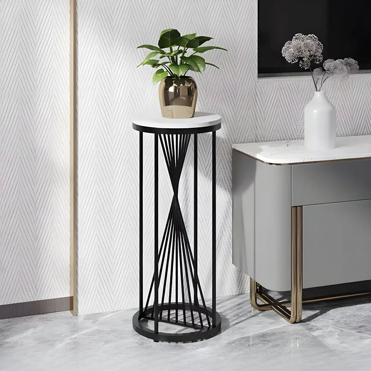 Artistic Gold 1-Tier Round Faux Marble Plant Stand Image - 5