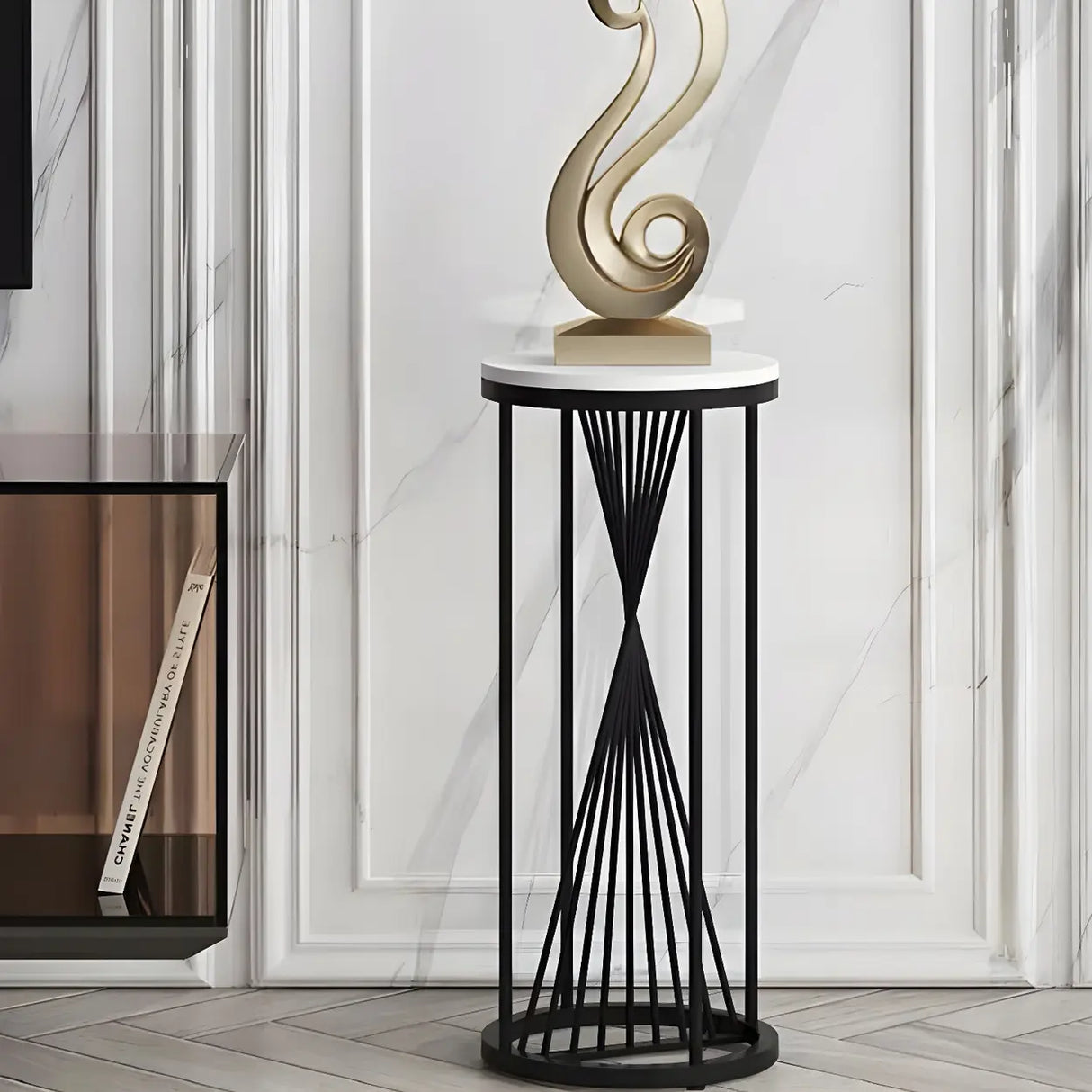 Artistic Gold 1-Tier Round Faux Marble Plant Stand Image - 6