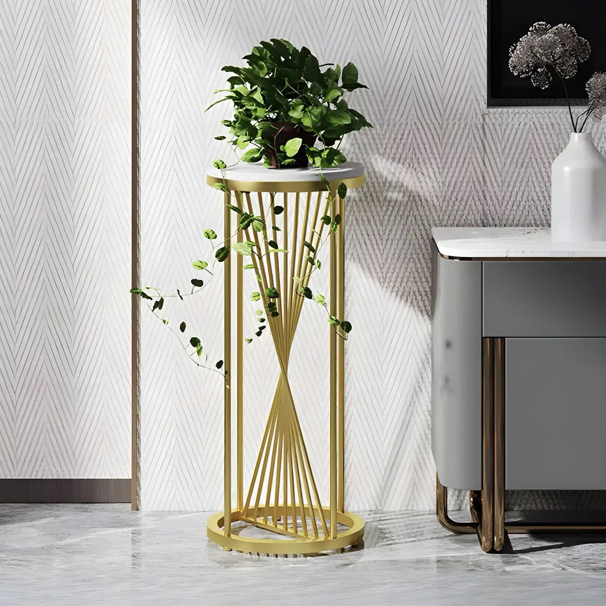 Artistic Gold 1-Tier Round Faux Marble Plant Stand Image - 7