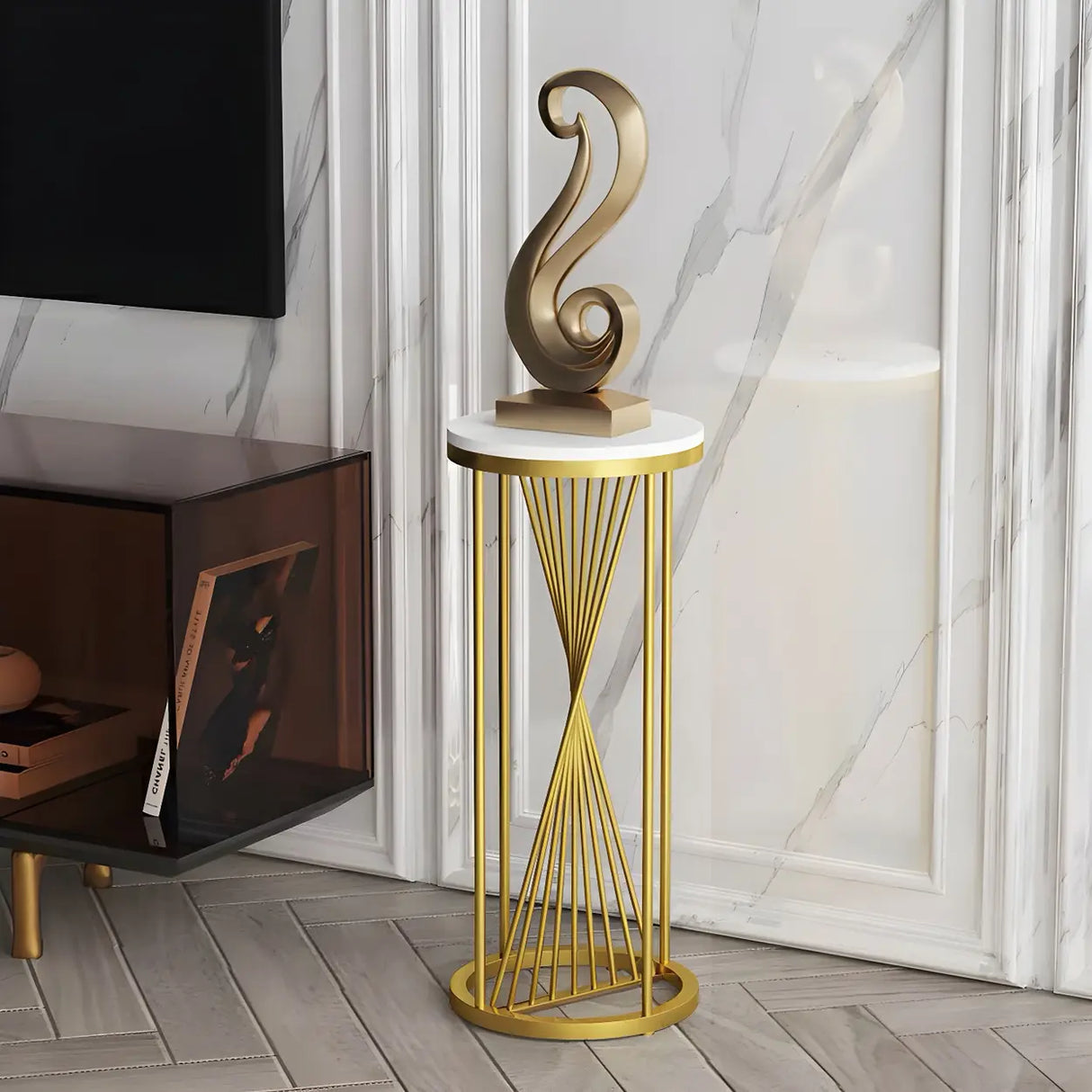 Artistic Gold 1-Tier Round Faux Marble Plant Stand Image - 8