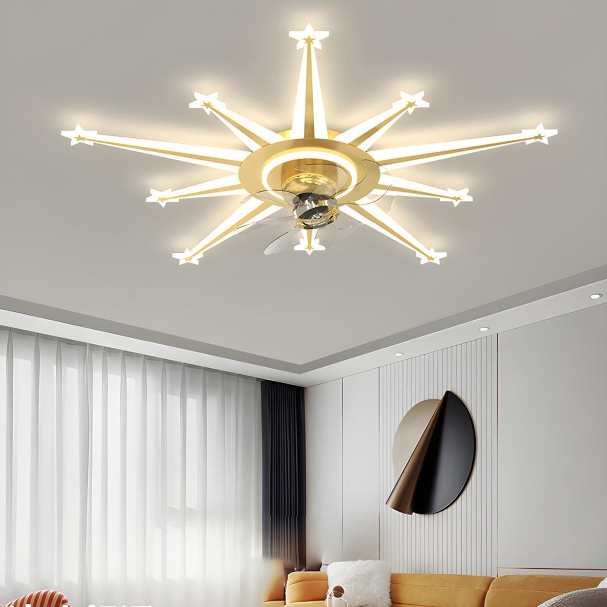 Artistic Golden Sunburst Flush Ceiling Fan with Light Image - 1