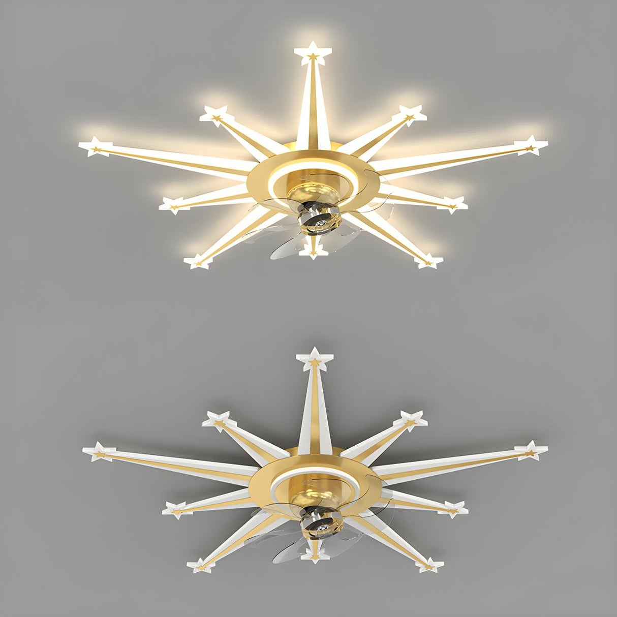 Artistic Golden Sunburst Flush Ceiling Fan with Light Image - 10