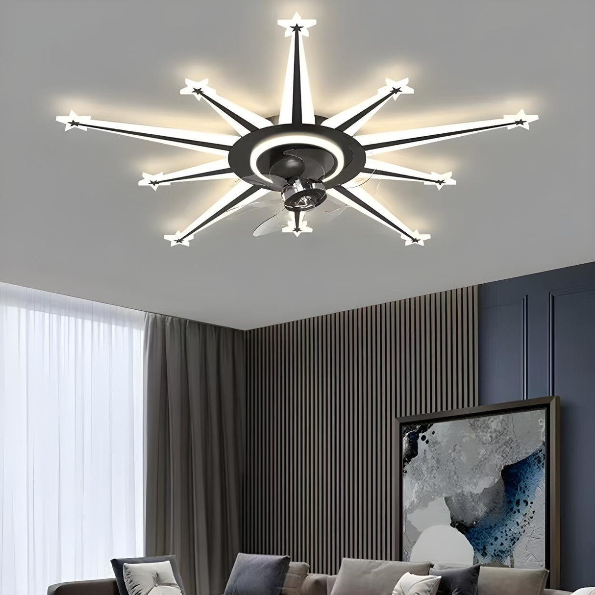 Artistic Golden Sunburst Flush Ceiling Fan with Light Image - 15