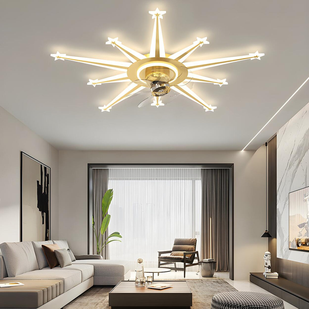 Artistic Golden Sunburst Flush Ceiling Fan with Light Image - 16