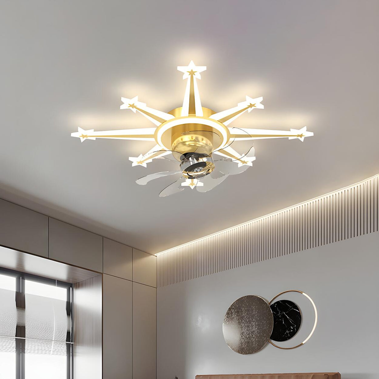 Artistic Golden Sunburst Flush Ceiling Fan with Light Image - 17