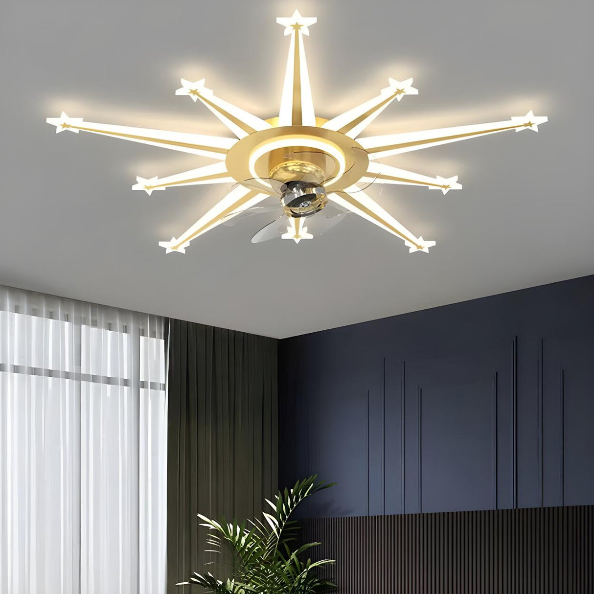 Artistic Golden Sunburst Flush Ceiling Fan with Light Image - 18