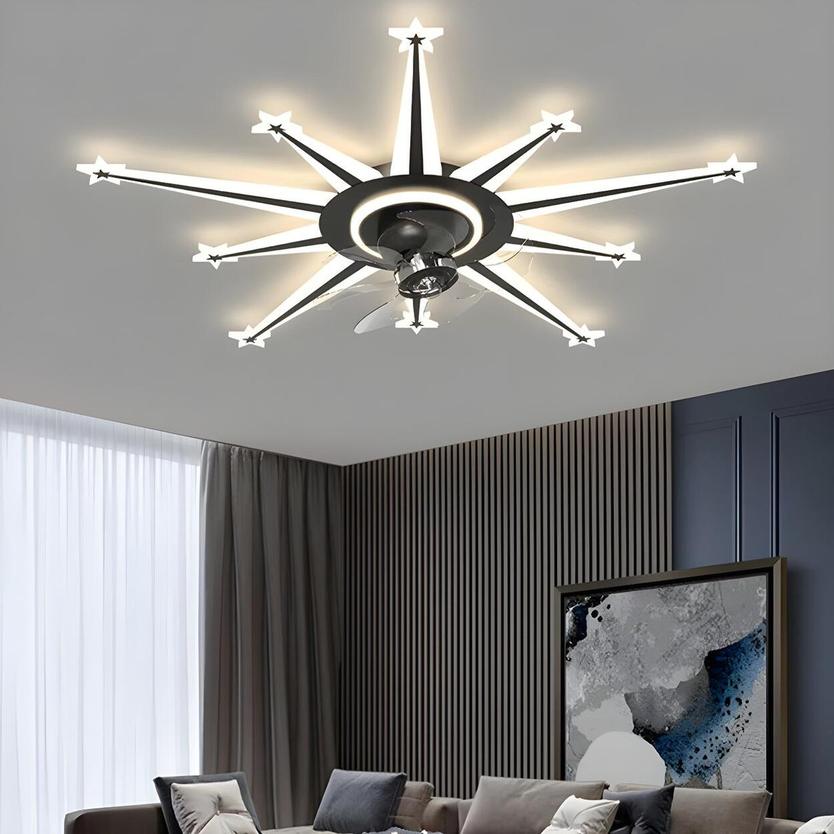 Artistic Golden Sunburst Flush Ceiling Fan with Light Image - 19