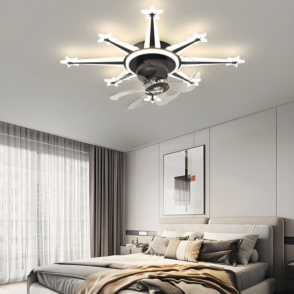 Artistic Golden Sunburst Flush Ceiling Fan with Light Image - 4