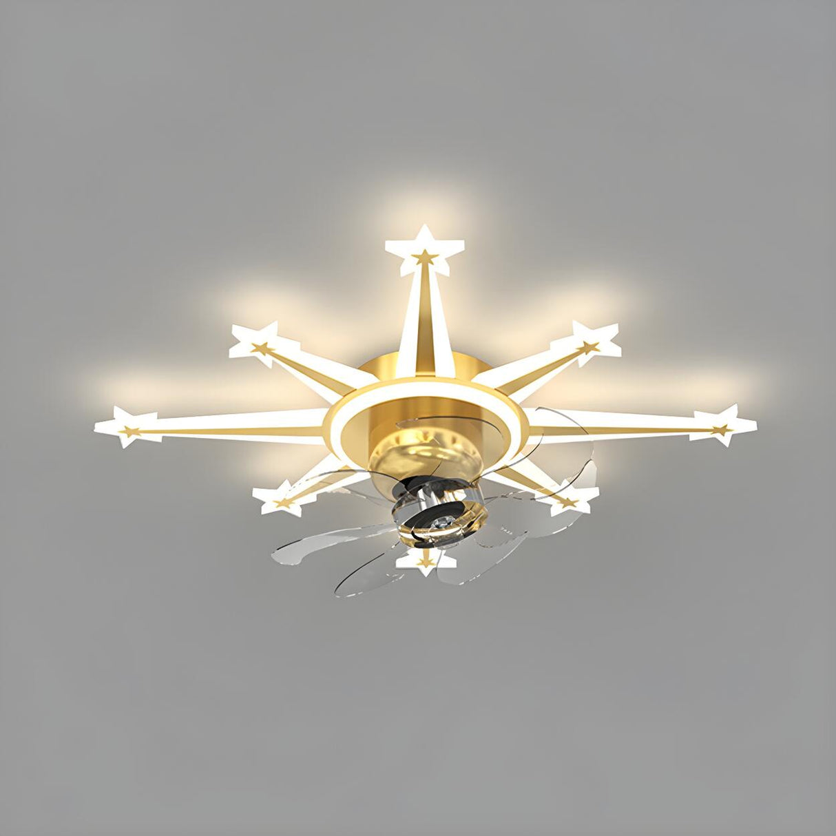 Artistic Golden Sunburst Flush Ceiling Fan with Light Image - 5