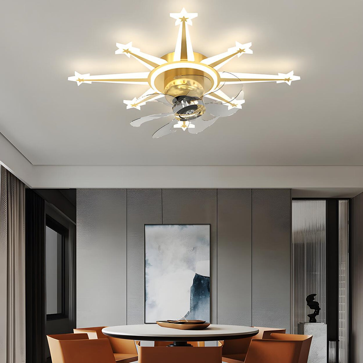 Artistic Golden Sunburst Flush Ceiling Fan with Light Image - 6