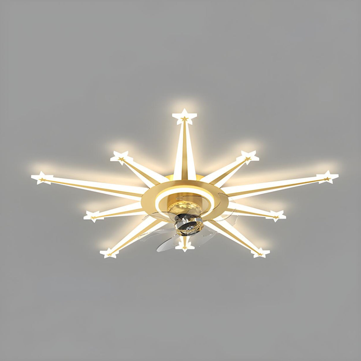Artistic Golden Sunburst Flush Ceiling Fan with Light Image - 7
