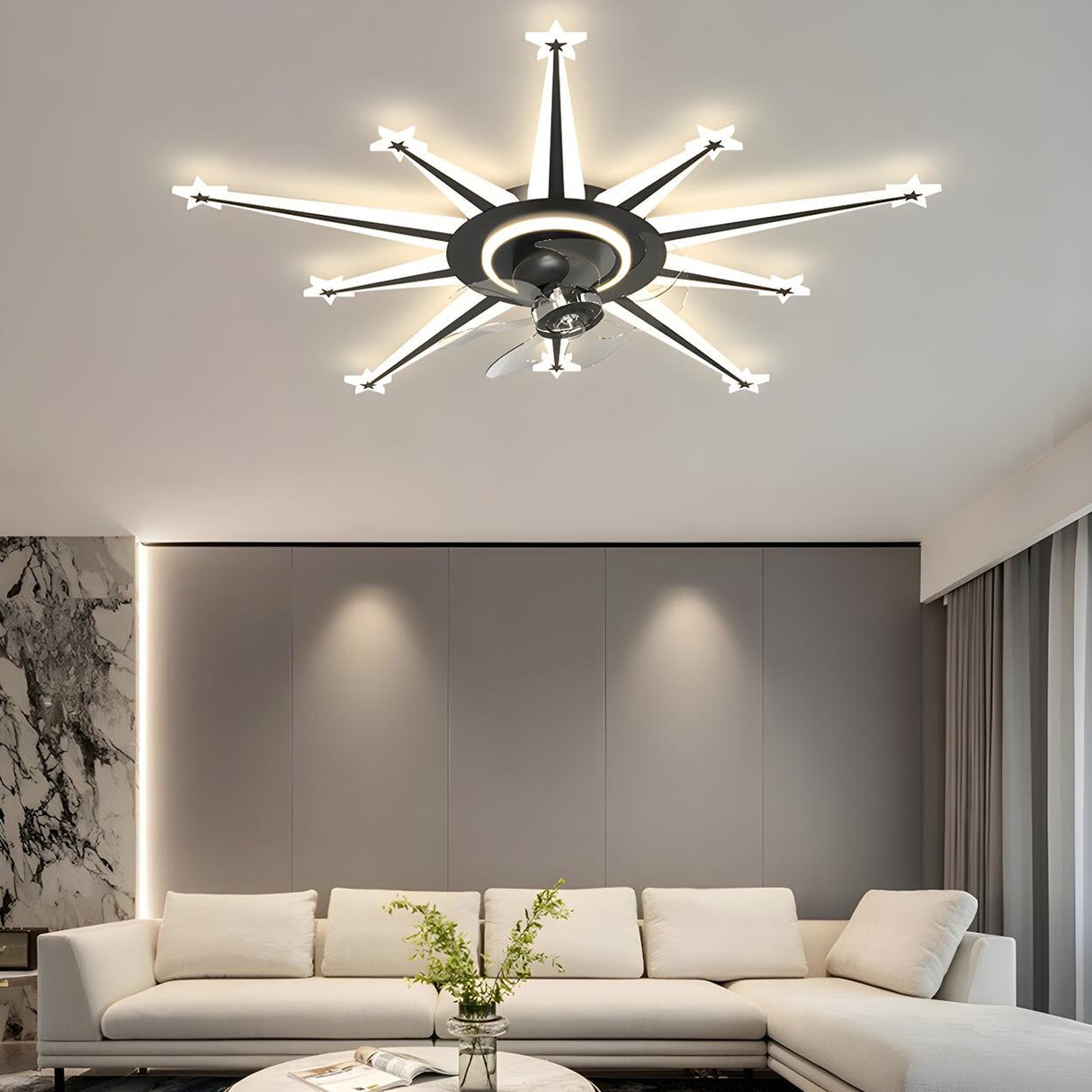 Artistic Golden Sunburst Flush Ceiling Fan with Light Image - 8