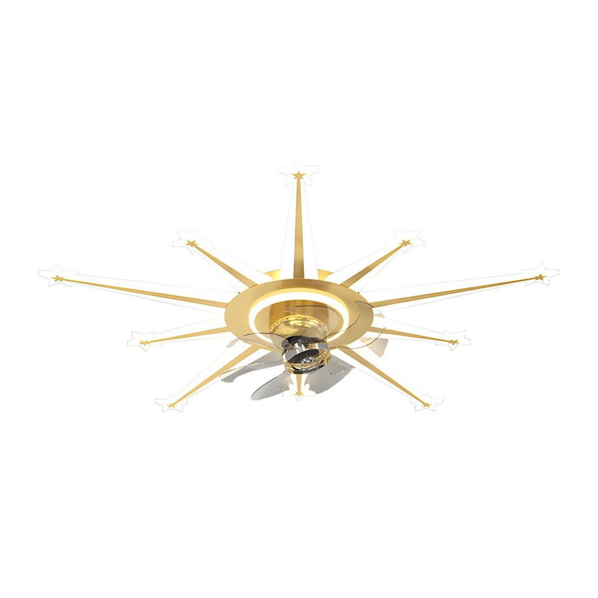 Artistic Golden Sunburst Flush Ceiling Fan with Light Image - 9