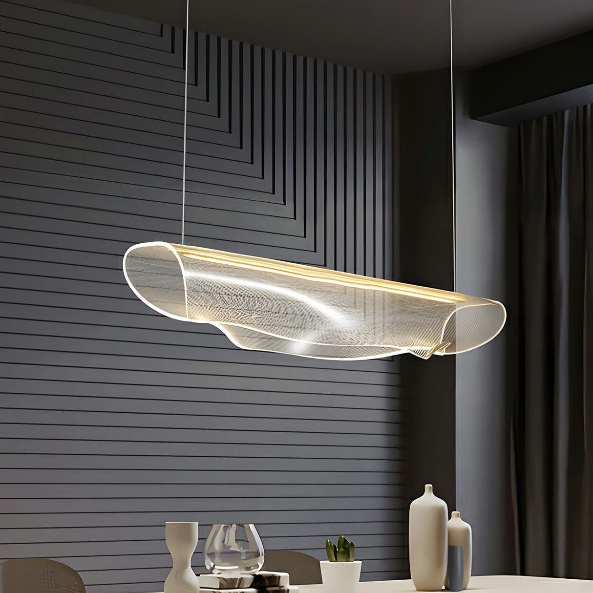 Artistic Linear and Wave Gold Island Pendant Light Image - 4