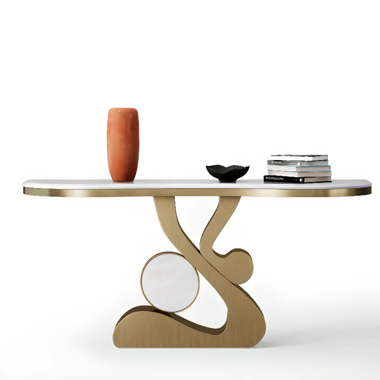 Artistic Marble Top Gold Abstract Base Console Table Image - 1