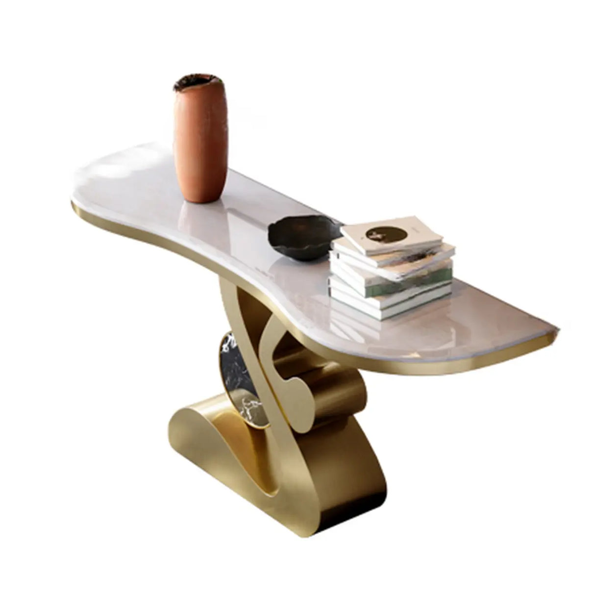 Artistic Marble Top Gold Abstract Base Console Table Image - 2