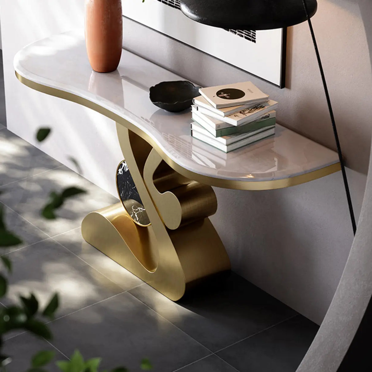 Artistic Marble Top Gold Abstract Base Console Table Image - 4