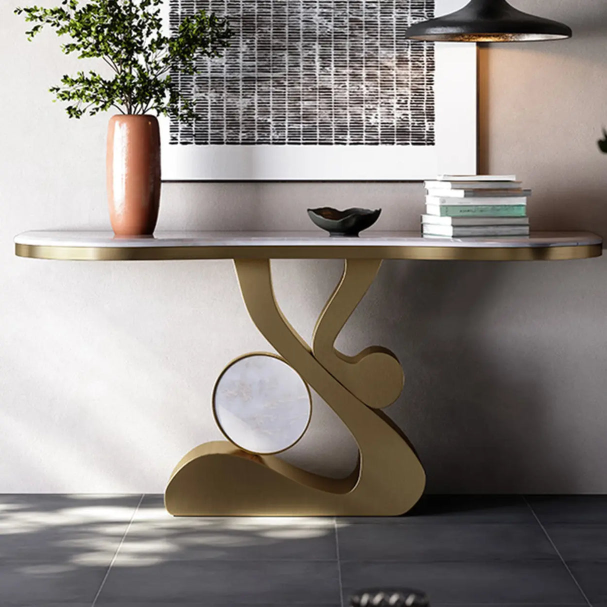 Artistic Marble Top Gold Abstract Base Console Table Image - 6
