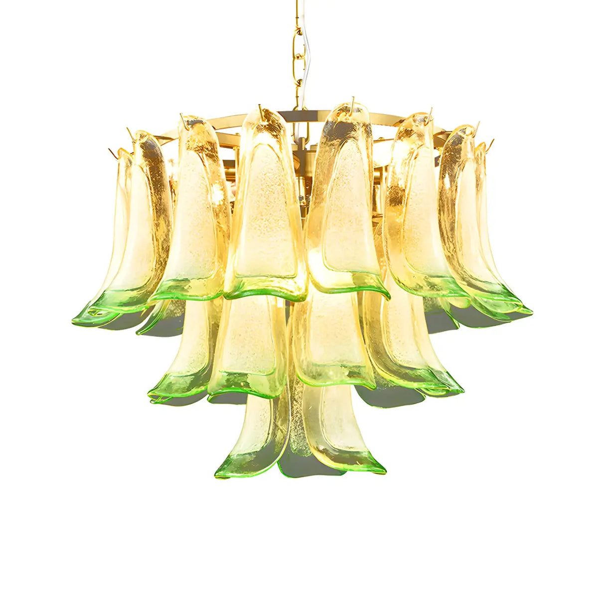 Artistic Modern Brass Green Stained Glass Tiered Chandelier Image - 3